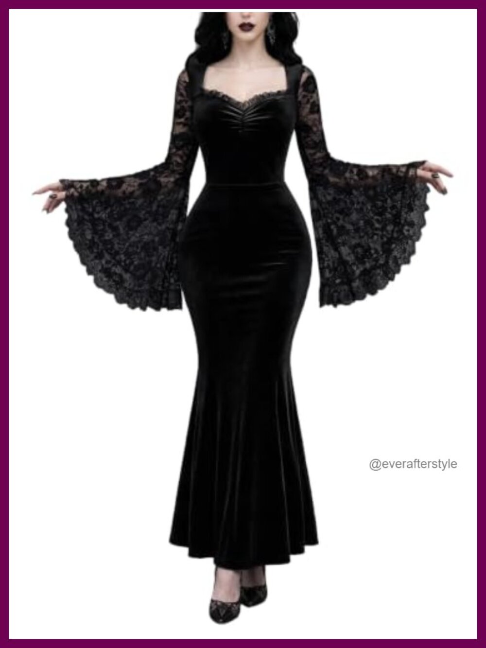 Women's Goth Velvet Mermaid Fishtail Long Dress Lace Bell Sleeve Cosplay
